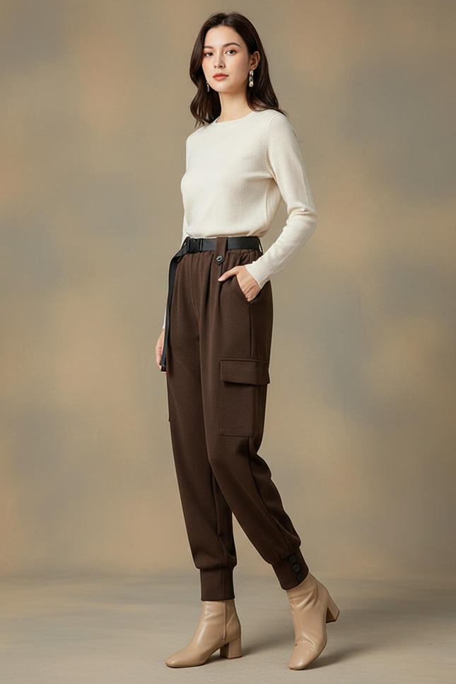 Pantalon Marron Cargo Laine Harem Ceinture Femme