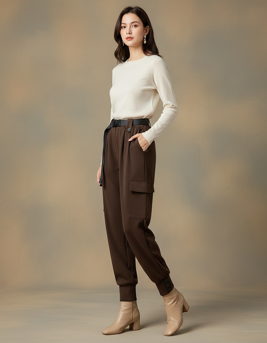 Pantalon Marron Cargo Laine Harem Ceinture Femme