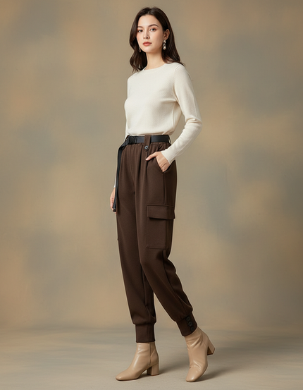 Pantalon Marron Cargo Laine Harem Ceinture Femme