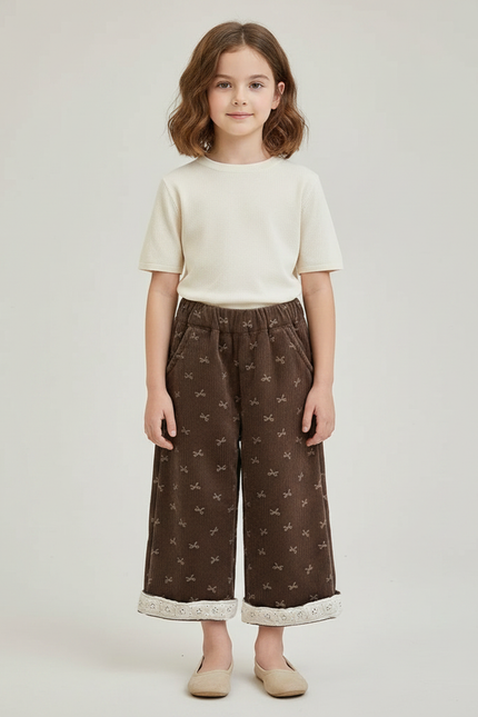Pantalon Marron Velours Côtelé Ample Imprimé Enfant Doublé - Cordé