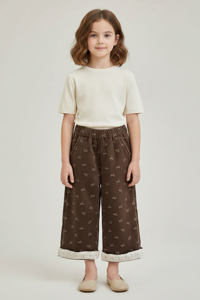 Pantalon Marron Velours Côtelé Ample Imprimé Enfant Doublé - Cordé