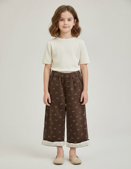 Pantalon Marron Velours Côtelé Ample Imprimé Enfant Doublé - Cordé