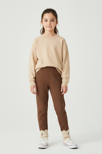 Pantalon Marron Côtelé Extensible Broderie Cerise Fille - Maille