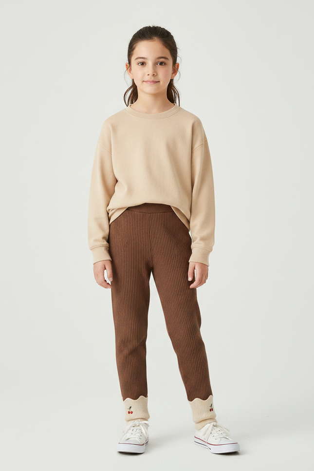 Pantalon Marron Côtelé Extensible Broderie Cerise Fille - Maille