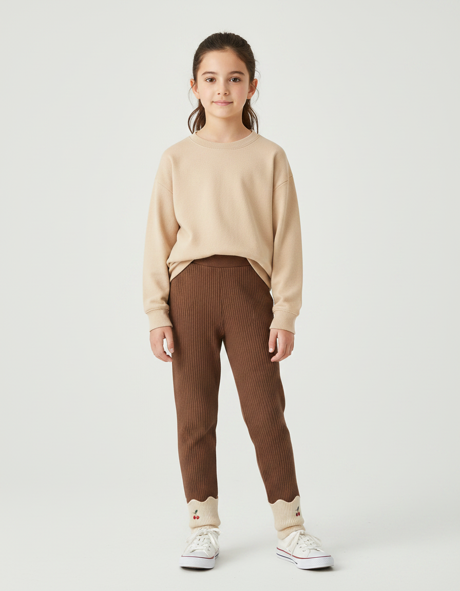 Pantalon Marron Côtelé Extensible Broderie Cerise Fille - Maille