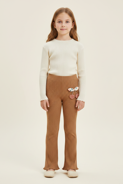 Pantalon Marron Côtelé Évasé Fille Cerises Confortable - Maille