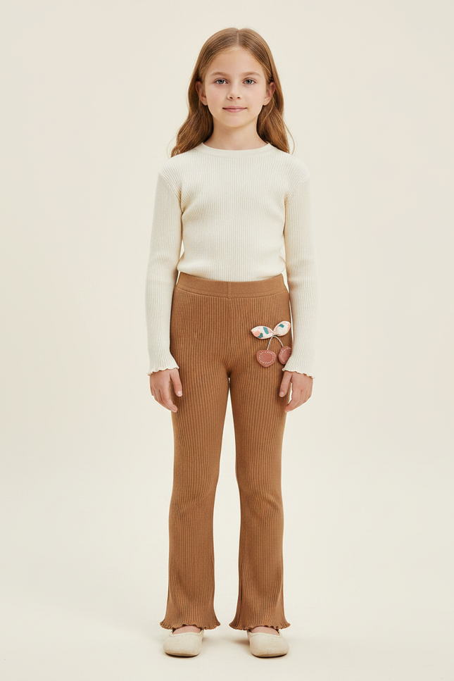 Pantalon Marron Côtelé Évasé Fille Cerises Confortable - Maille