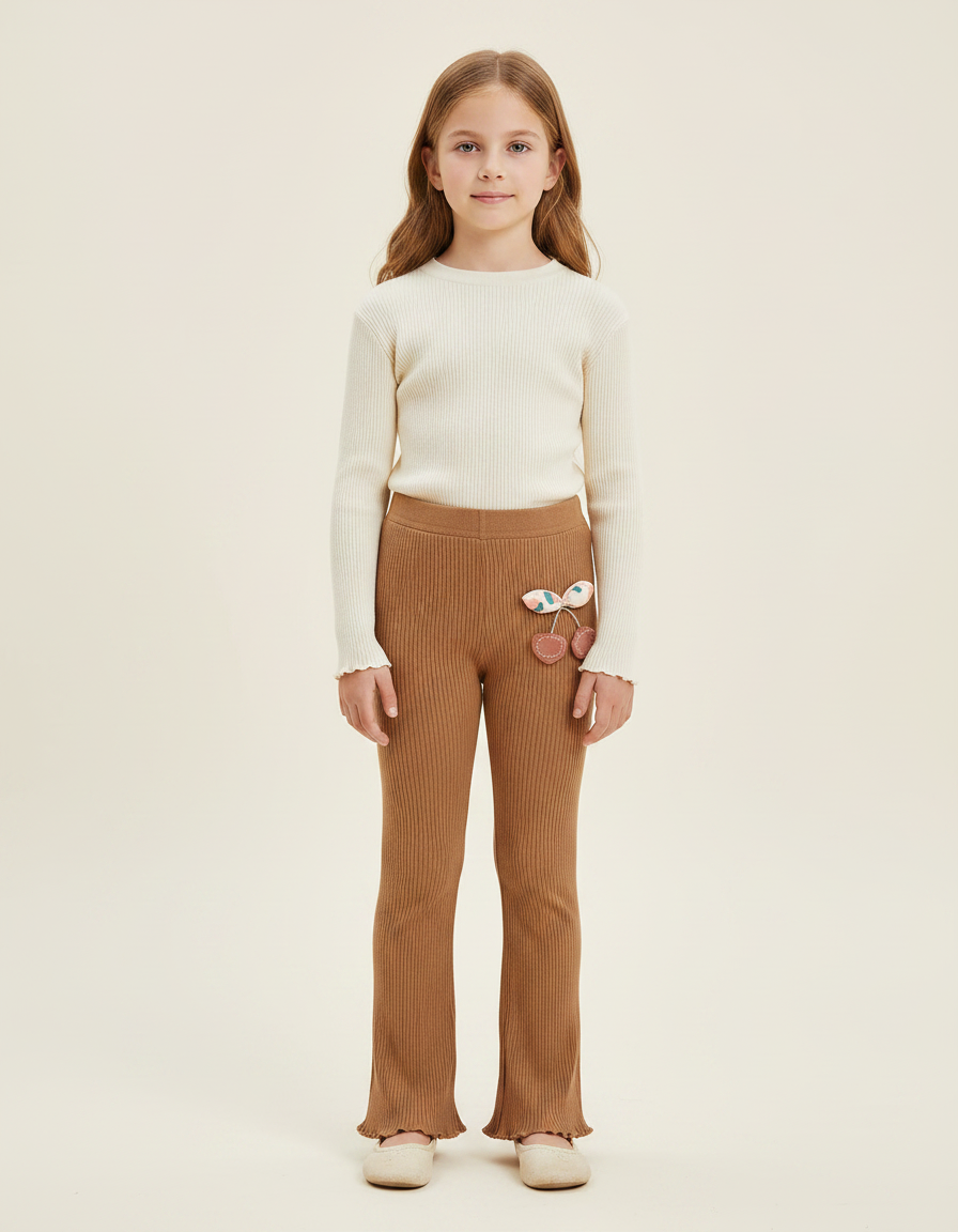 Pantalon Marron Côtelé Évasé Fille Cerises Confortable - Maille