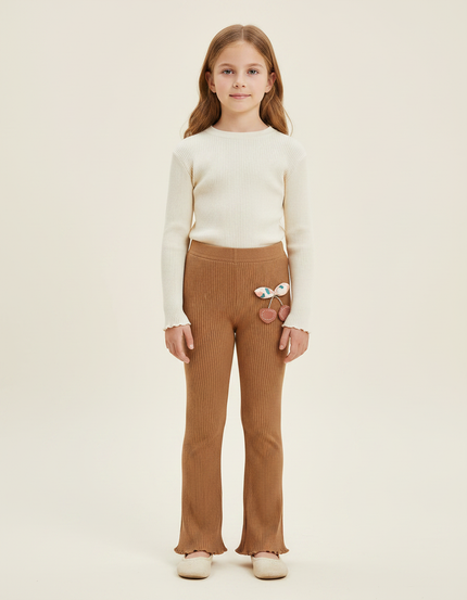 Pantalon Marron Côtelé Évasé Fille Cerises Confortable - Maille