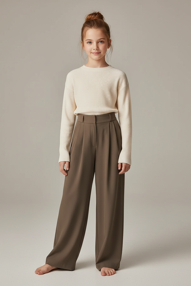 Pantalon Marron Plissé Droit Ample Élégant - Polyester