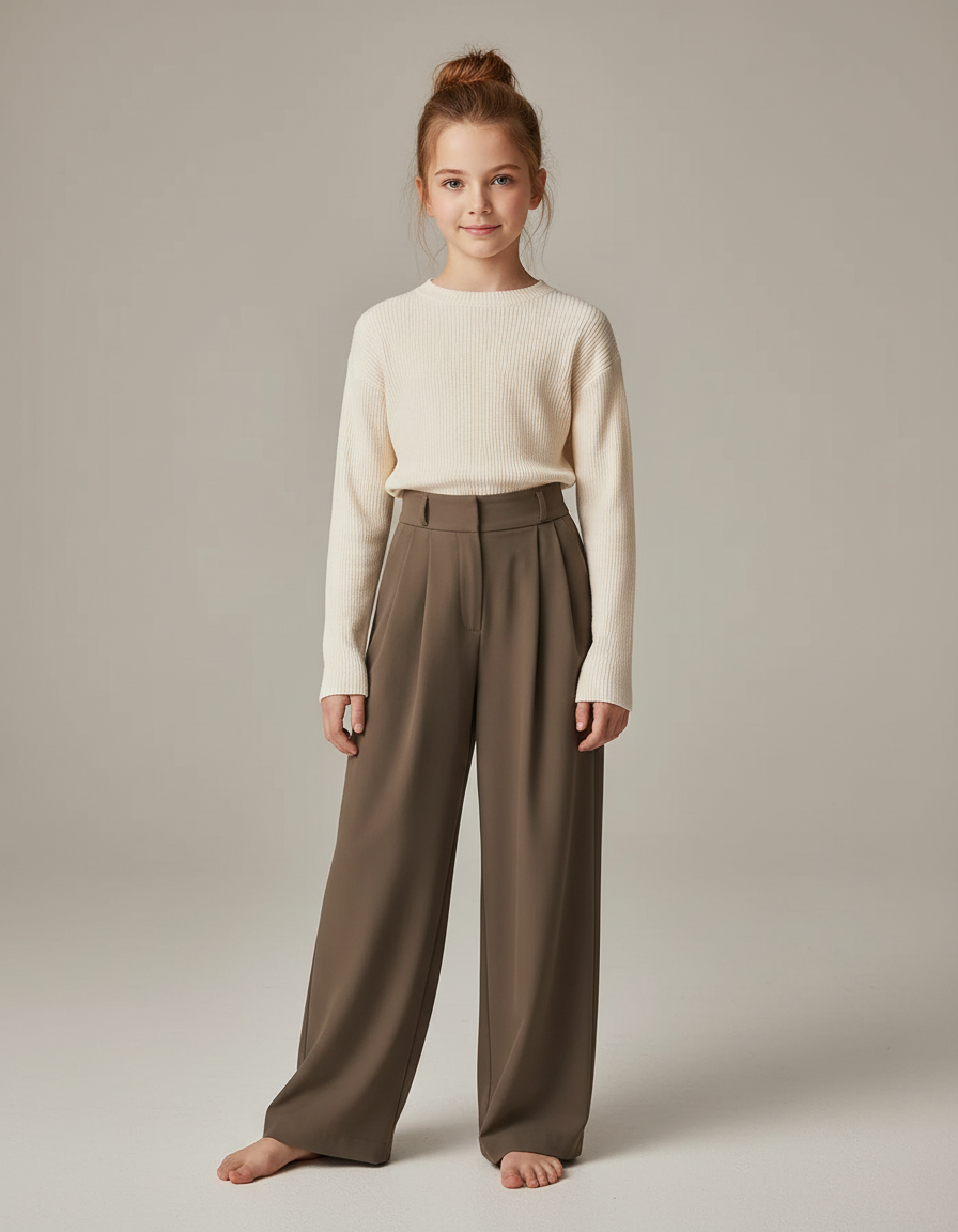 Pantalon Marron Plissé Droit Ample Élégant - Polyester