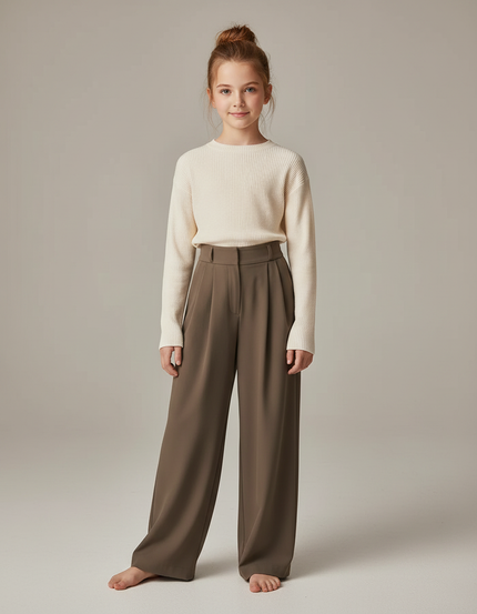 Pantalon Marron Plissé Droit Ample Élégant - Polyester