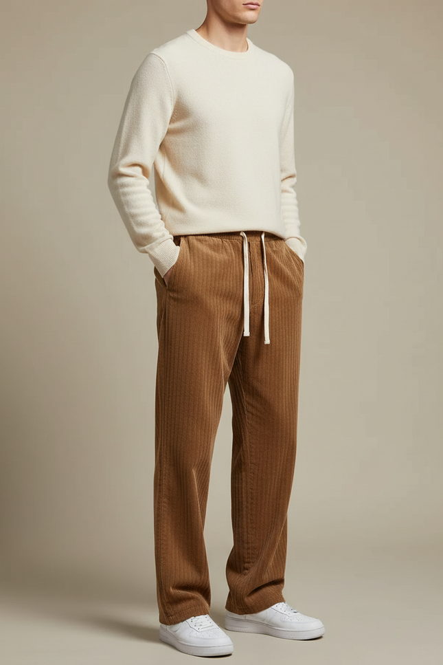 Pantalon Marron Côtelé Droit Décontracté Confortable Homme - Cordé