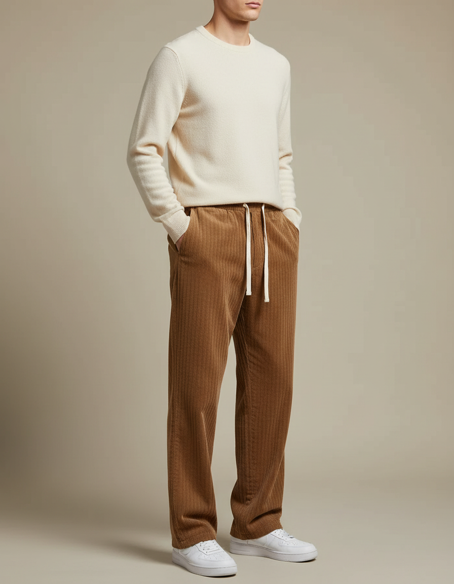 Pantalon Marron Côtelé Droit Décontracté Confortable Homme - Cordé