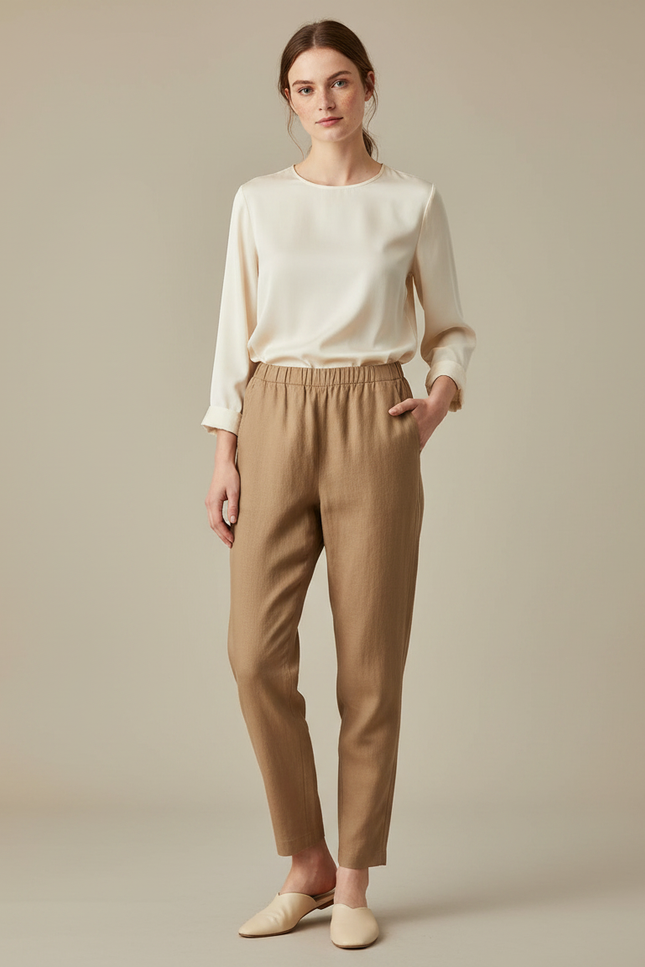 Pantalon Marron Fluide Taille Élastique Décontracté Élégant - Lin