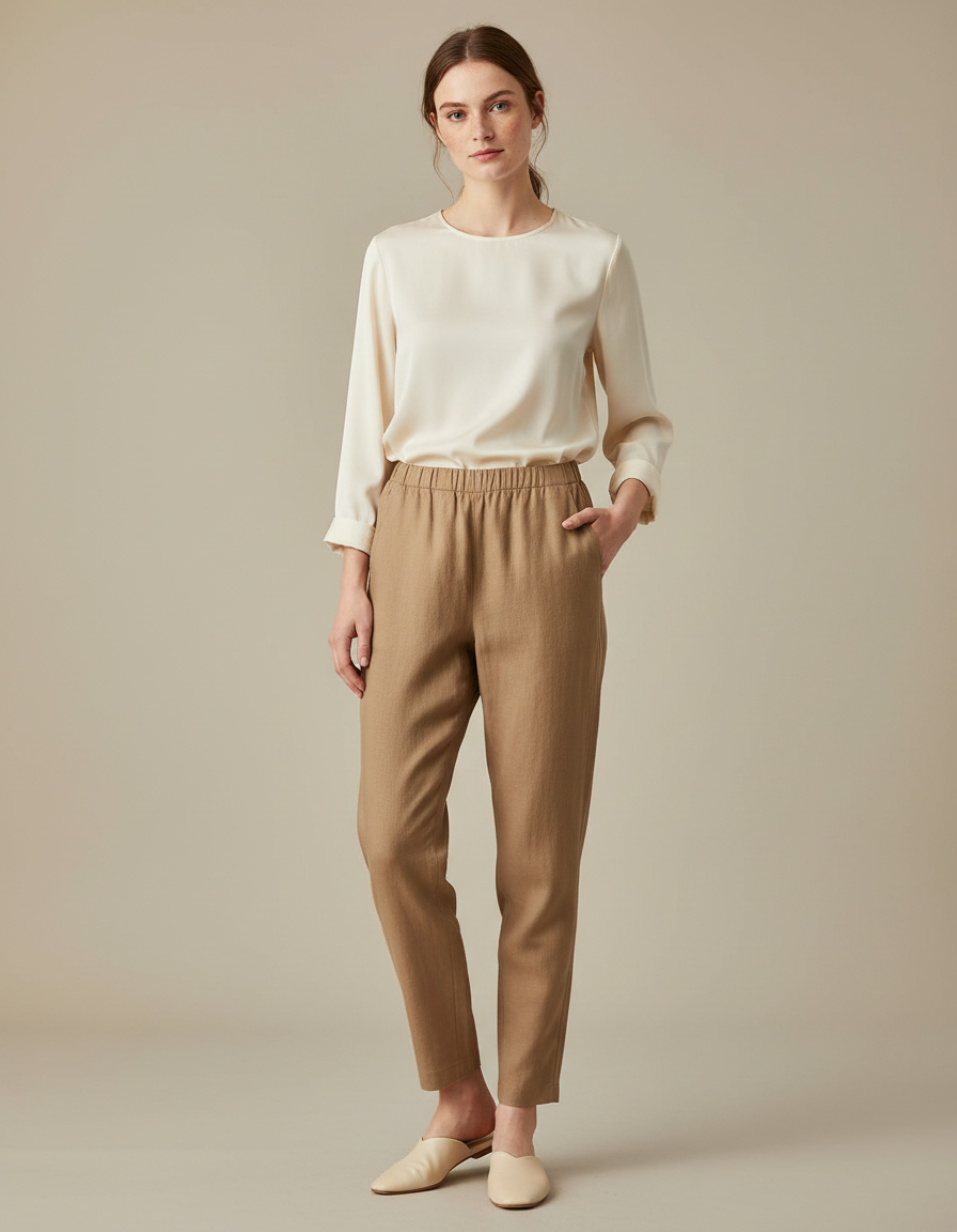 Pantalon Marron Fluide Taille Élastique Décontracté Élégant - Lin