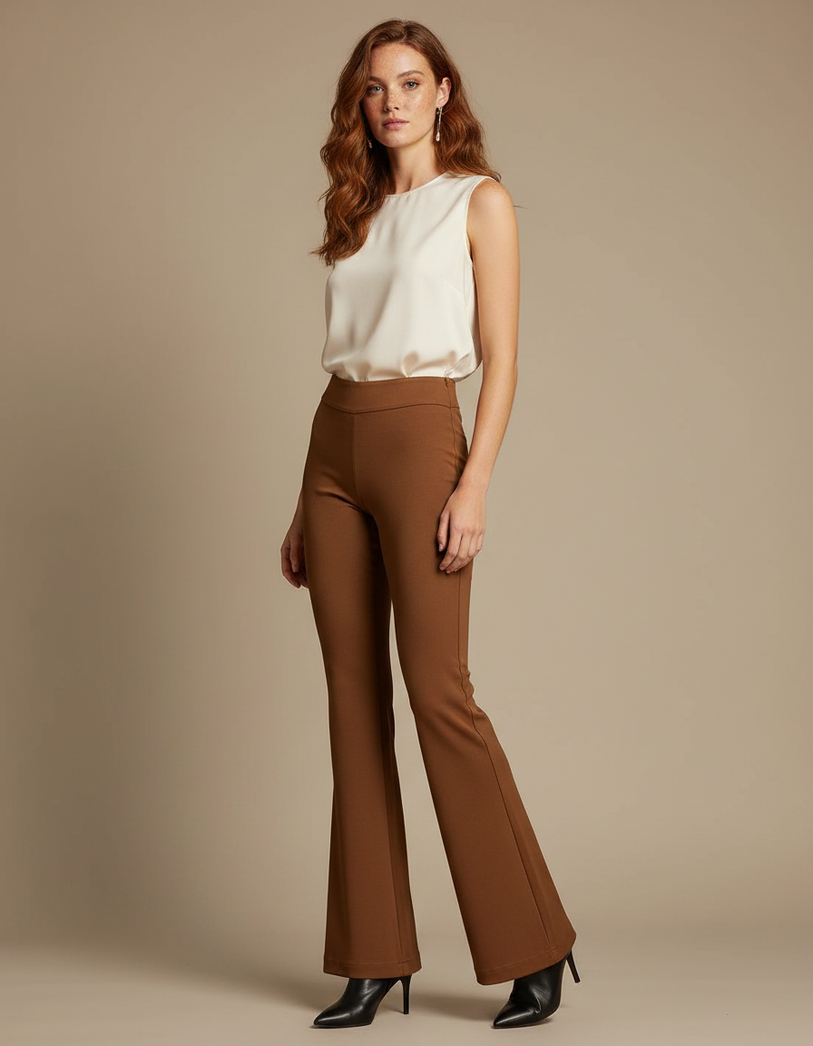 Pantalon Marron Évasé Taille Haute Élégant Femme - Polyester