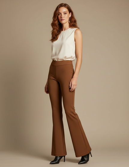 Pantalon Marron Évasé Taille Haute Élégant Femme - Polyester
