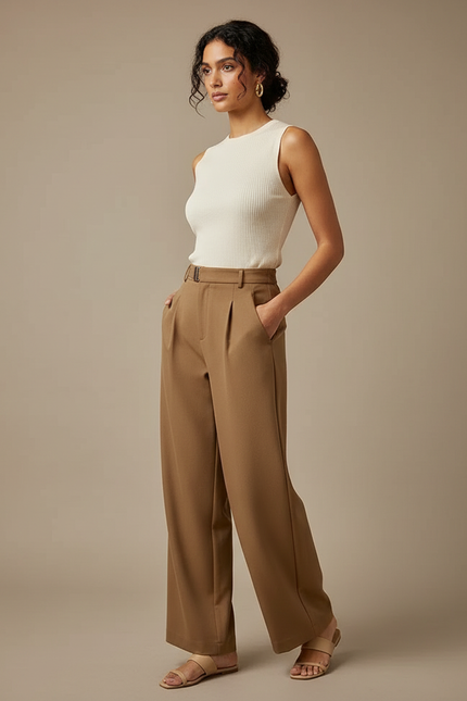 Pantalon Marron Droit Taille Haute Fluide Élégant - Polyester
