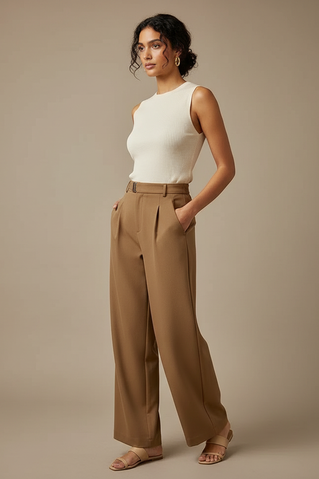Pantalon Marron Droit Taille Haute Fluide Élégant - Polyester