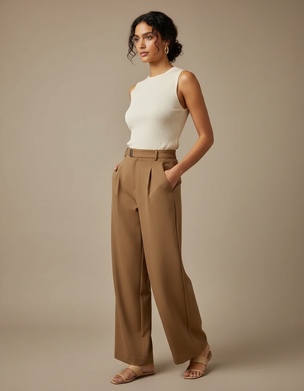 Pantalon Marron Droit Taille Haute Fluide Élégant - Polyester