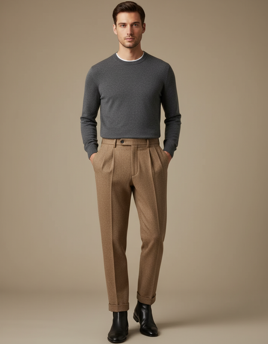Pantalon Tweed Marron Homme