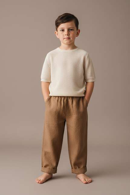 Pantalon Marron Lin Ample Élastique Enfant Décontracté