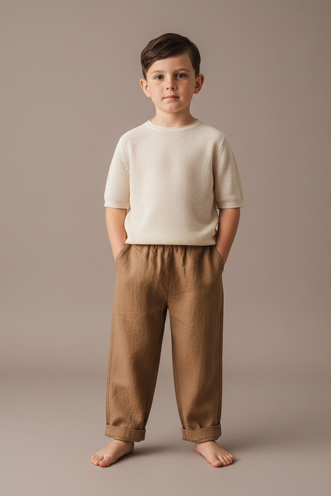Pantalon Marron Lin Ample Élastique Enfant Décontracté