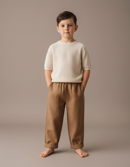 Pantalon Marron Lin Ample Élastique Enfant Décontracté