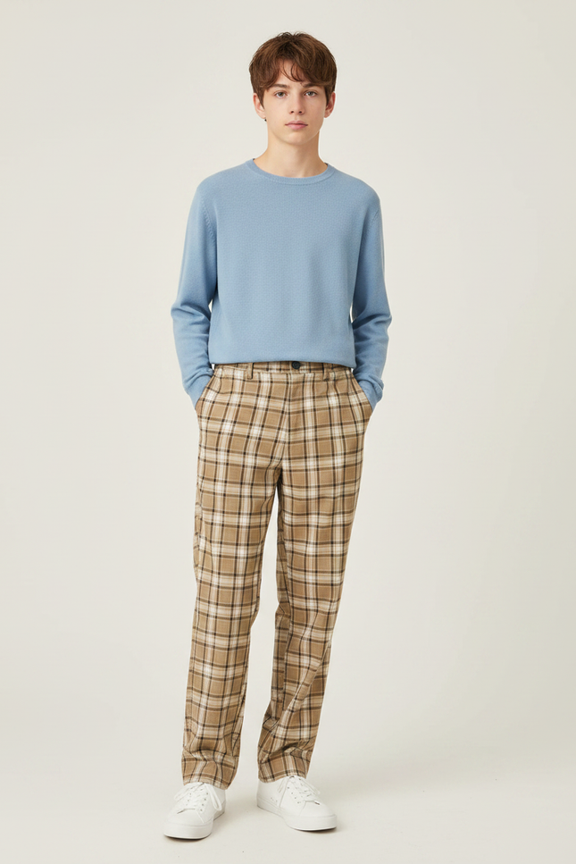 Pantalon Marron Carreaux Écossais Taille Haute Décontracté - Gabardine