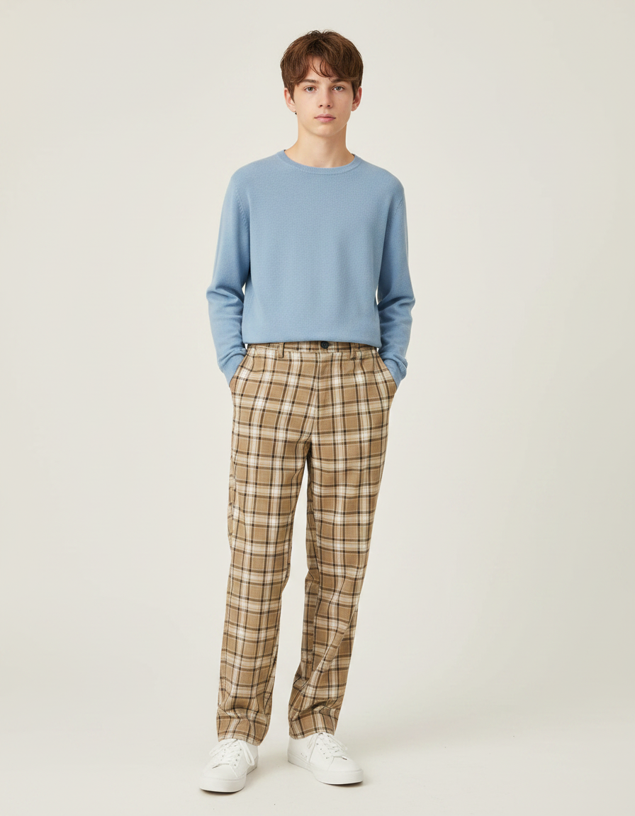 Pantalon Marron Carreaux Écossais Taille Haute Décontracté - Gabardine