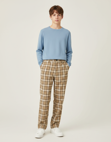 Pantalon Marron Carreaux Écossais Taille Haute Décontracté - Gabardine
