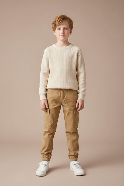 Pantalon Marron Cargo Coton Confortable Enfant - Camel Gabardine