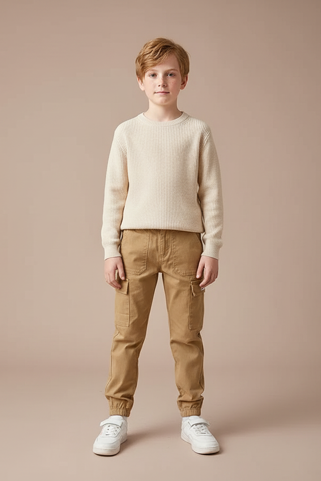 Pantalon Marron Cargo Coton Confortable Enfant - Camel Gabardine