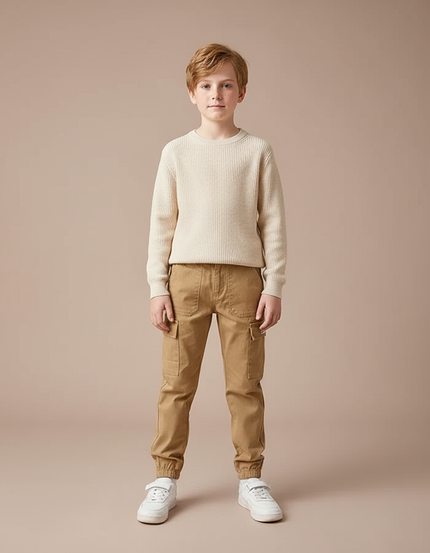 Pantalon Marron Cargo Coton Confortable Enfant - Camel Gabardine