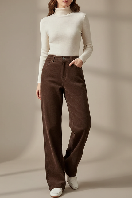 Pantalon Marron Côtelé Droit Ample Taille Haute - Cordé