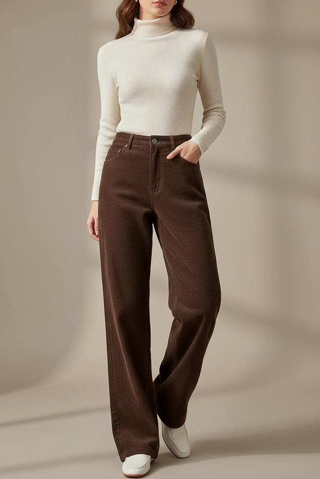 Pantalon Marron Côtelé Droit Ample Taille Haute - Cordé