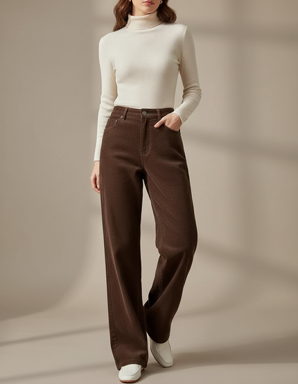 Pantalon Marron Côtelé Droit Ample Taille Haute - Cordé