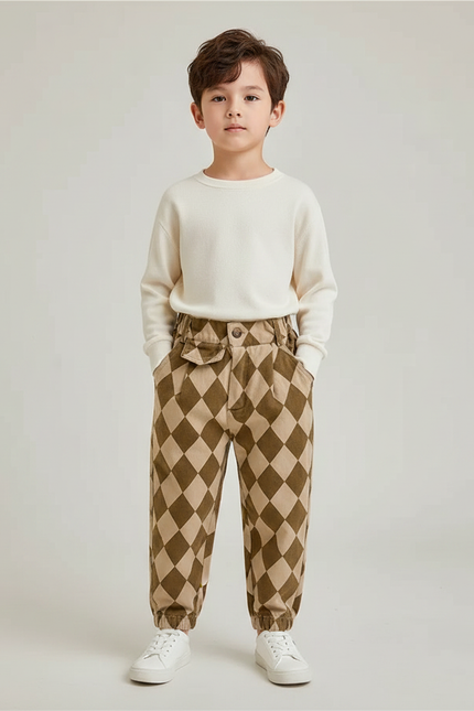 Pantalon Marron À Carreaux Losanges Ample Enfant Décontracté - Molleton