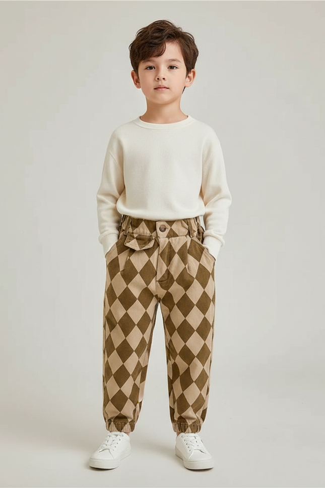 Pantalon Marron À Carreaux Losanges Ample Enfant Décontracté - Molleton