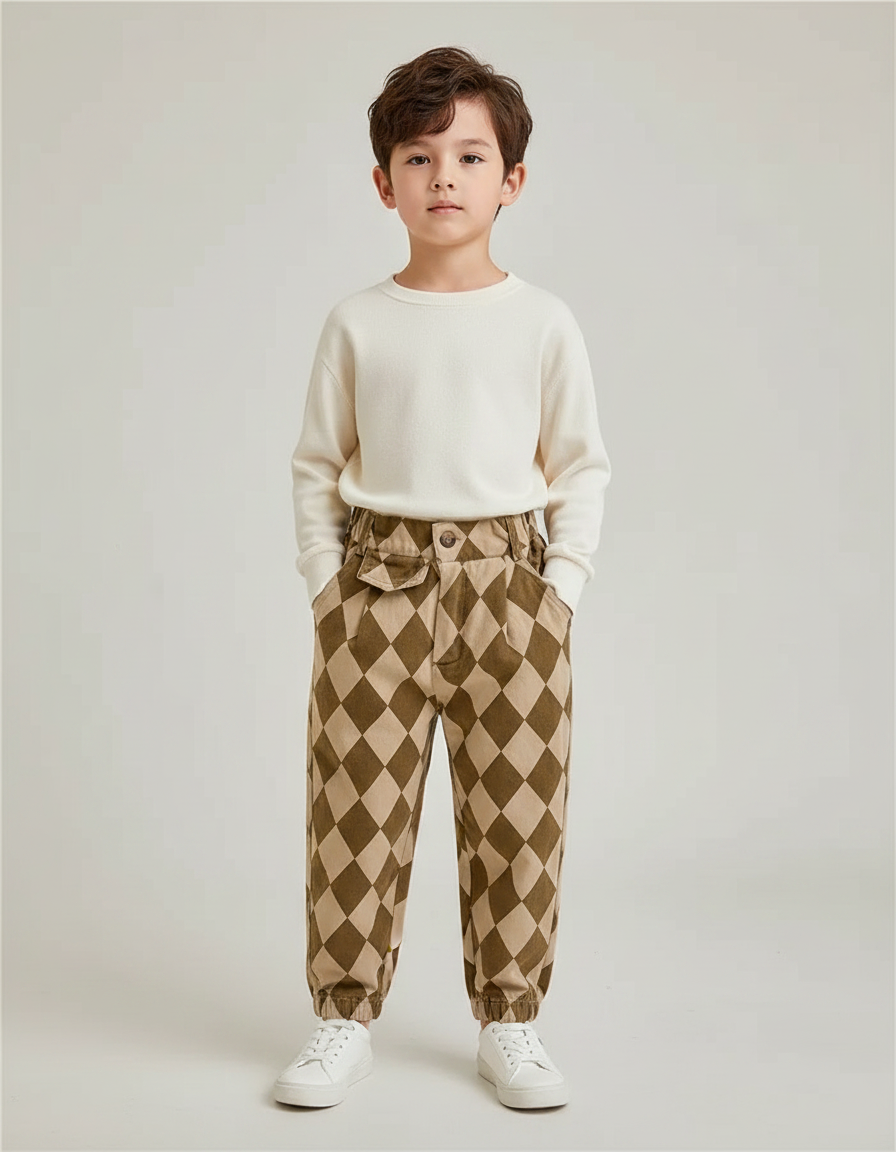 Pantalon Marron À Carreaux Losanges Ample Enfant Décontracté - Molleton