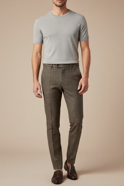 Pantalon Marron Carreaux Slim Fit Élégant Homme - Tweed