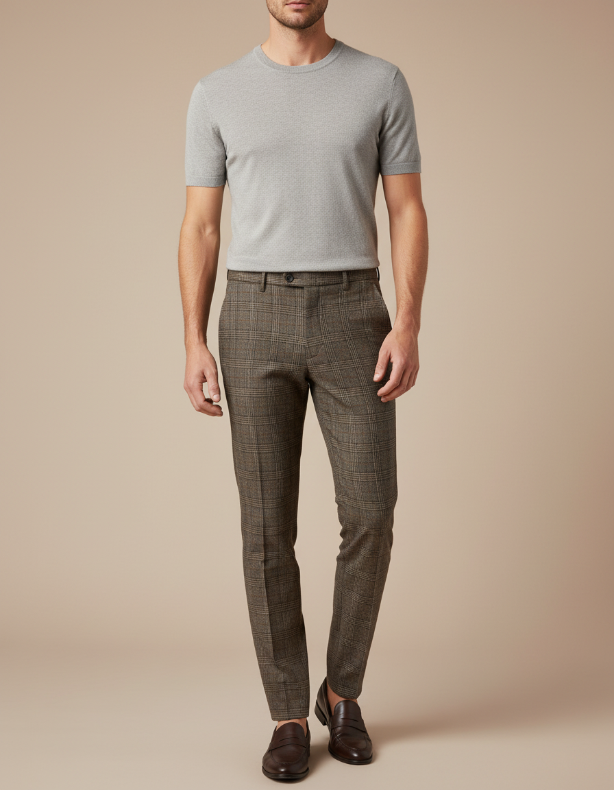 Pantalon Marron Carreaux Slim Fit Élégant Homme - Tweed