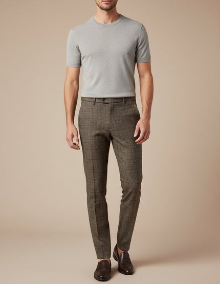 Pantalon Marron Carreaux Slim Fit Élégant Homme - Tweed