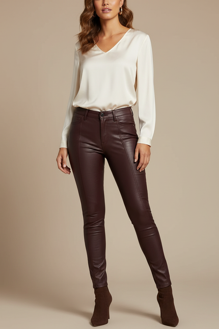 Pantalon Marron Similicuir Skinny Taille Haute Femme - Bordeaux Simili cuir