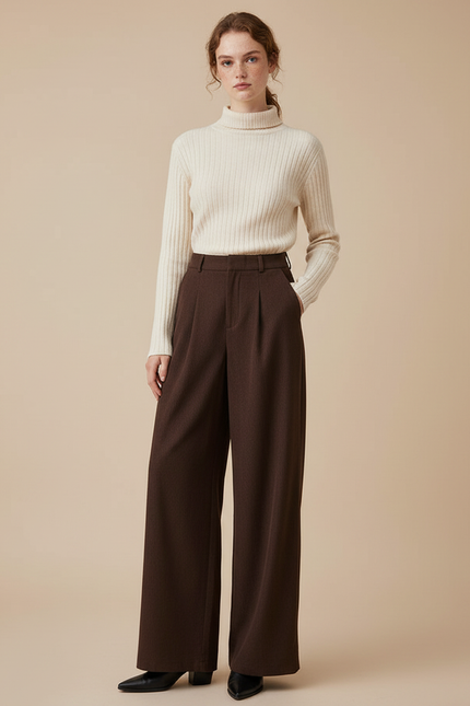 Pantalon Marron Ample Taille Haute Plissé Chic Femme - Laine