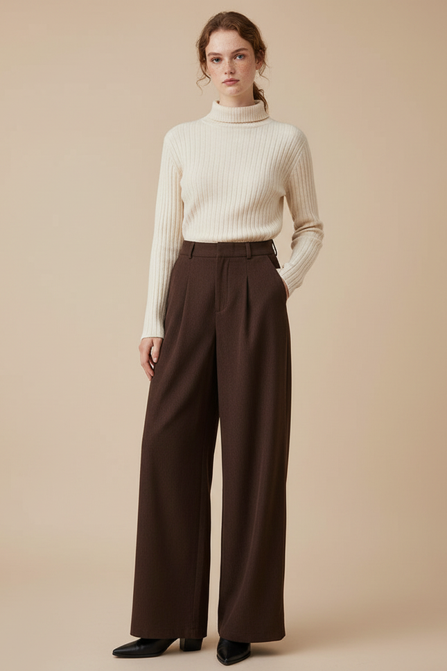 Pantalon Marron Ample Taille Haute Plissé Chic Femme - Laine