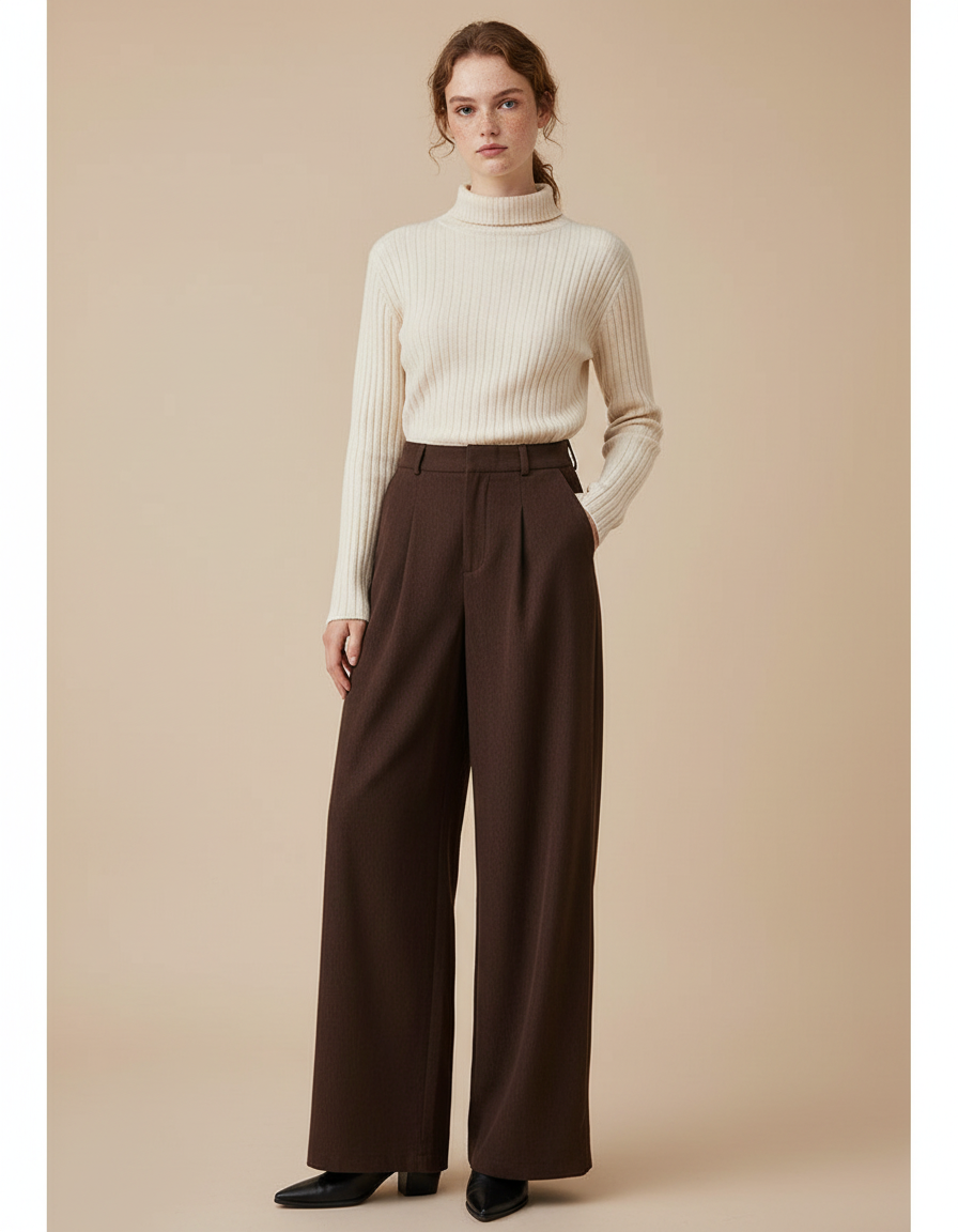 Pantalon Marron Ample Taille Haute Plissé Chic Femme - Laine