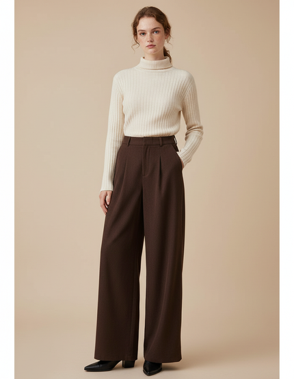 Pantalon Marron Ample Taille Haute Plissé Chic Femme - Laine