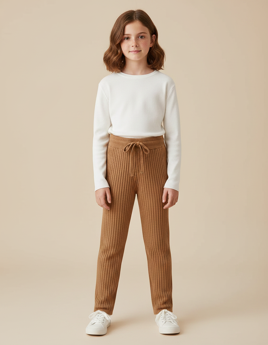 Pantalon Marron Côtelé Tricoté Confortable Droit Enfant - Maille
